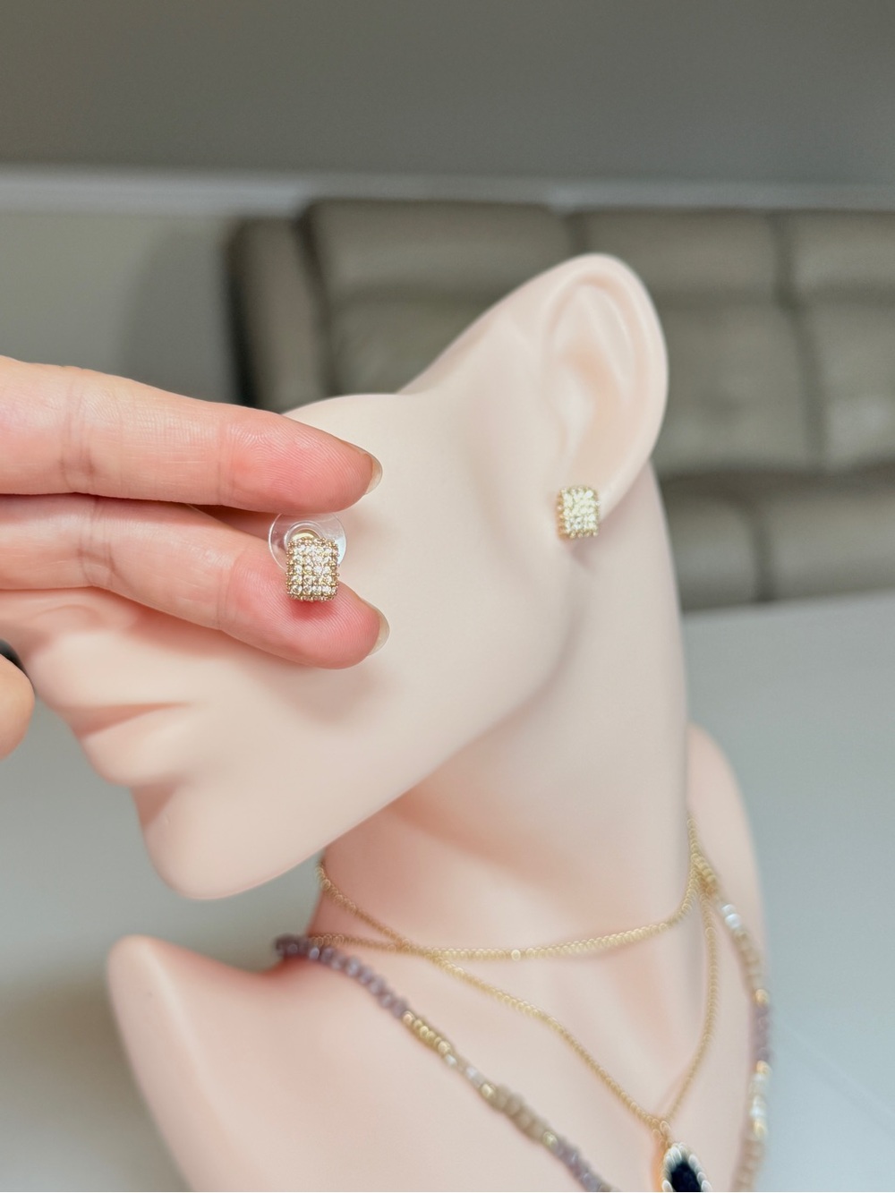 Gold Pave Square Stud Earrings - Picture 4 of 11
